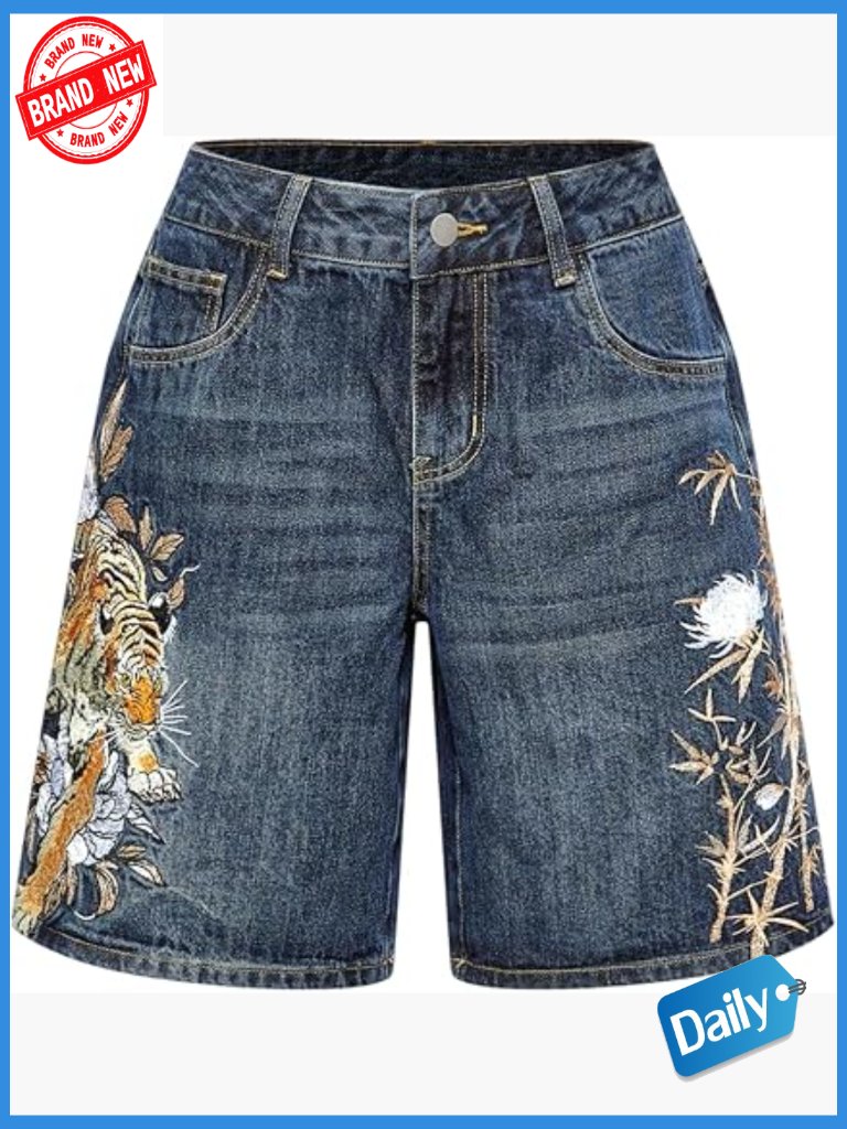 Womens Vintage Graphic Denim Shorts Wide Leg Baggy Bermuda With Pockets